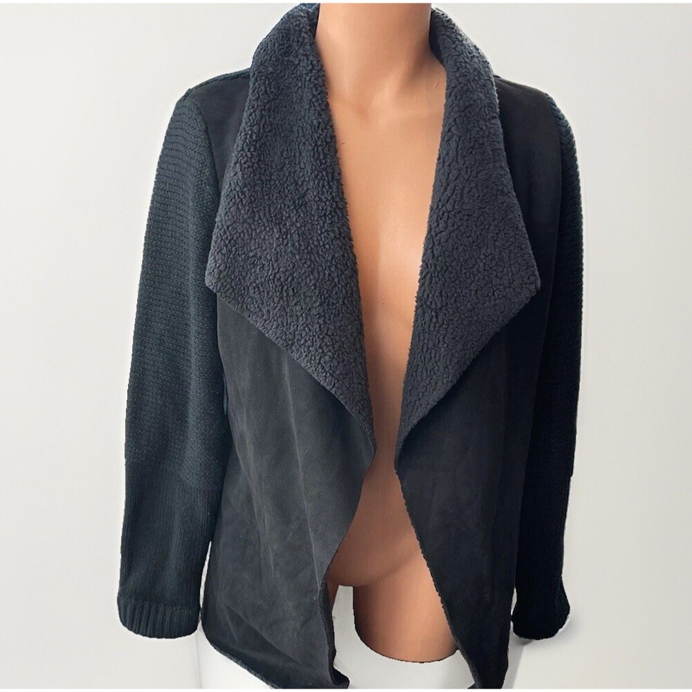 Black Open Draped Faux Suede Cardigan Jacket Size S Knit Sherpa William B